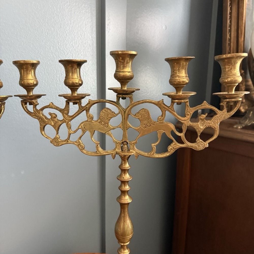 Vintage Brass Lion of Judah Candelabra Pair 5 Arm Shabbat Heavy Judaica Large - Picture 5 of 9